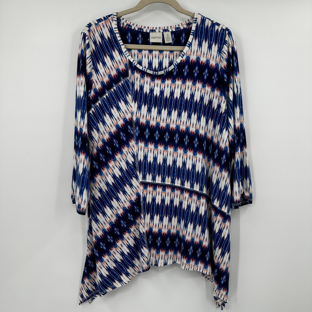 Zenergy Chico's Tie Dye Ikat Tunic Top Asymmetrical Hem Blue White Pink‎ Size 3
